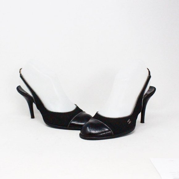 CHANEL #41531 Black Leather Cap Toe Slingback Heels (US 7.5 EU 37.5) - Picture 1 of 10